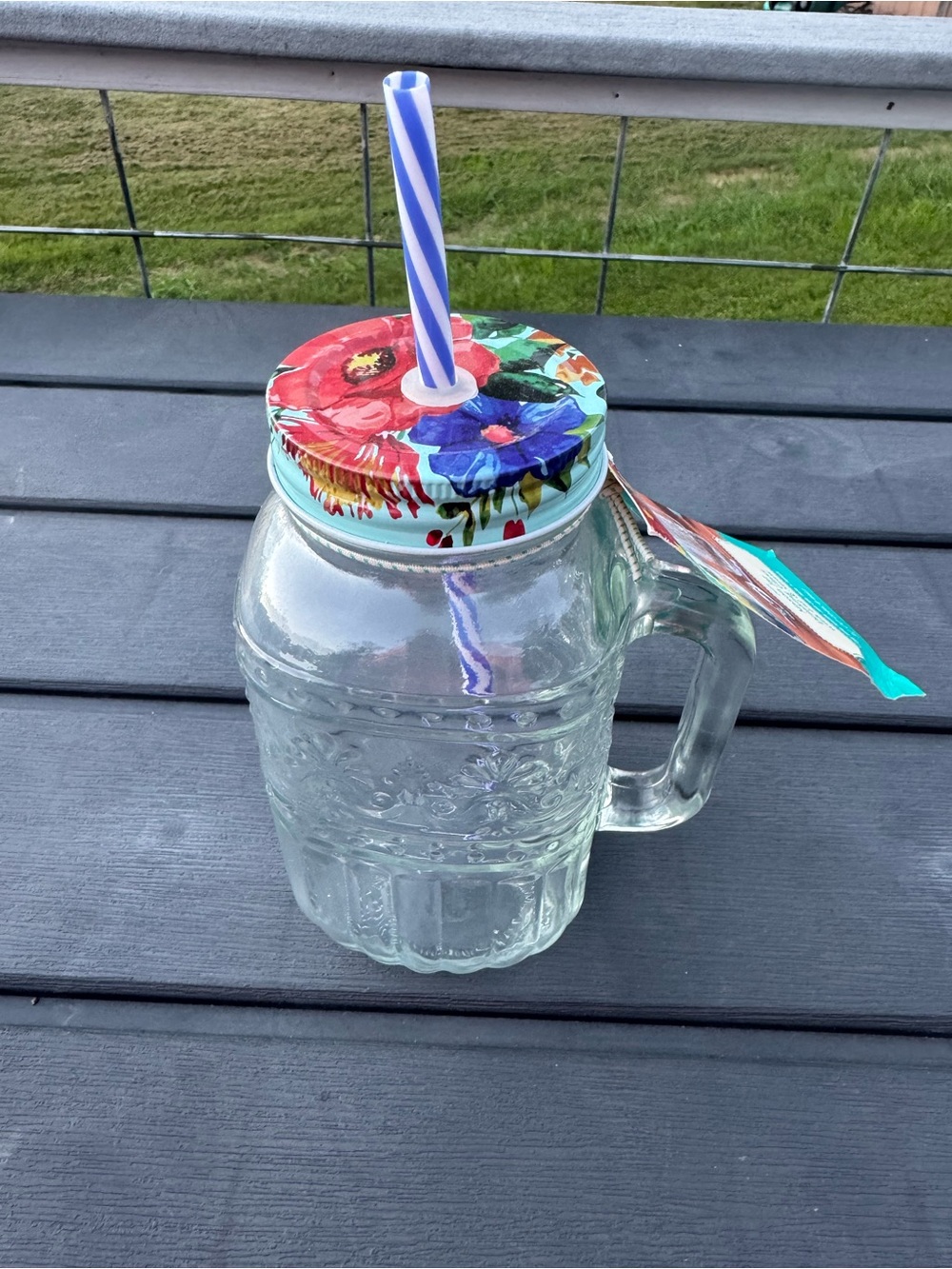 The Pioneer Woman Floral Mason Jar Mug with Blue-White Striped Straw